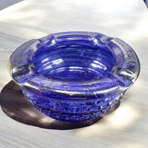 Vintage 1980s Cobalt Blue Art Glass Trinket Dish Holder Ashtray Decorative VTG